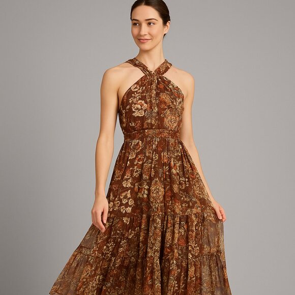 Joie Brown Floral Halter Midi Dress Women’s Size Large NWT Cocktail Party Dress - Picture 1 of 15